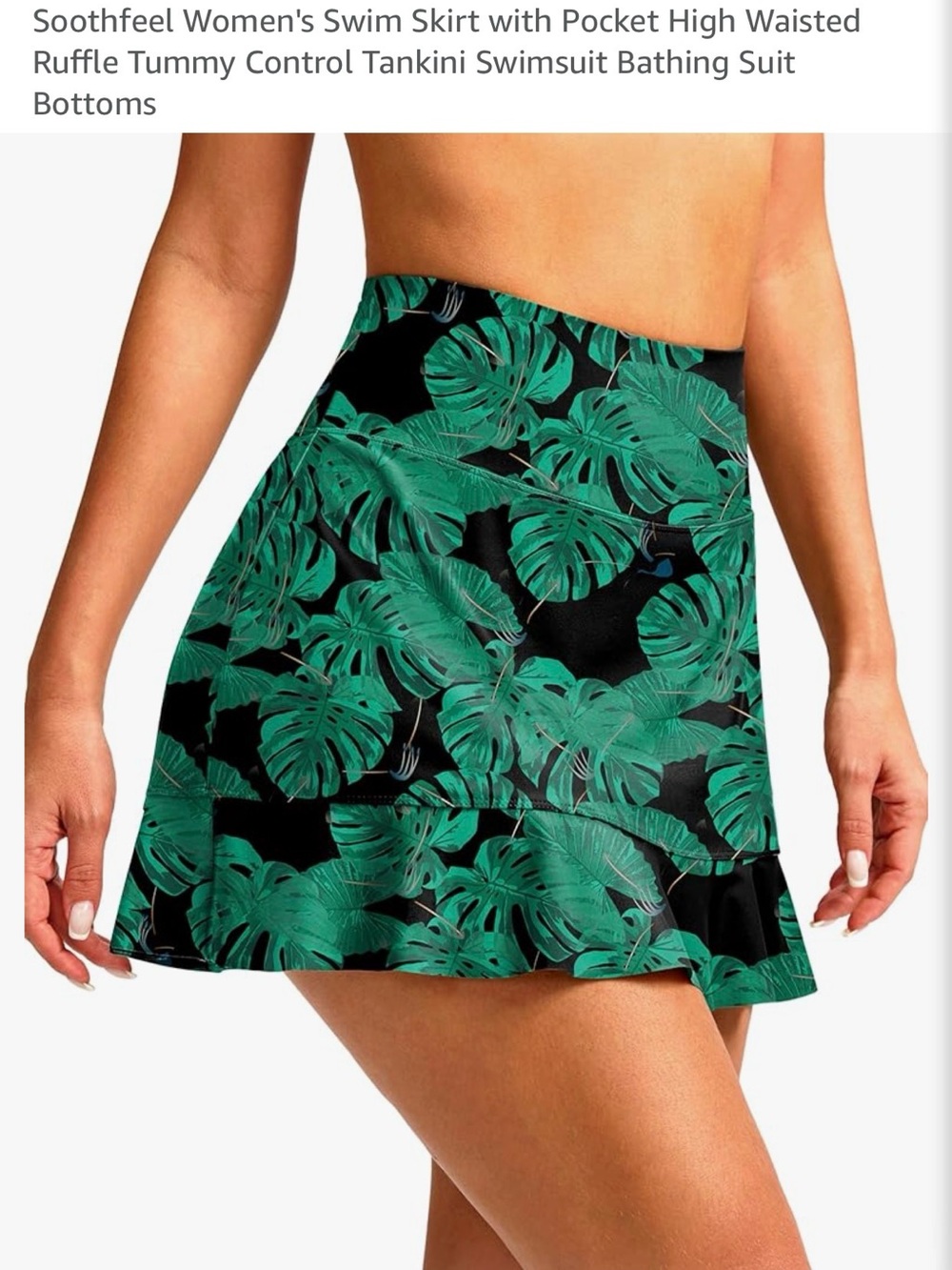 Soothfeel Women's Black & Green Tropical Print Swim Skirt